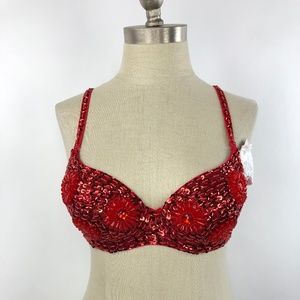 Womens Large/X-Large Bra Red Beaded Sequined NEW
